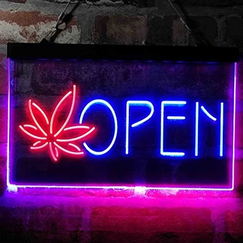 Hemp Leaf Open Marijuana Dispensary Dual LED Neon Light Sign